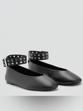 Mango MNG Black Studded Ankle-Strap Ballet Flats w/ Eyelet Strap